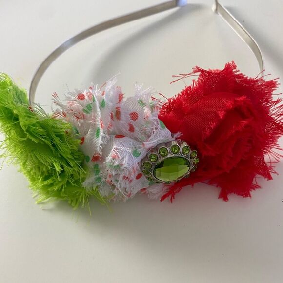 Red Green and White Boutique Christmas Frayed Rossette Headband with Rhinestone - Picture 7 of 9